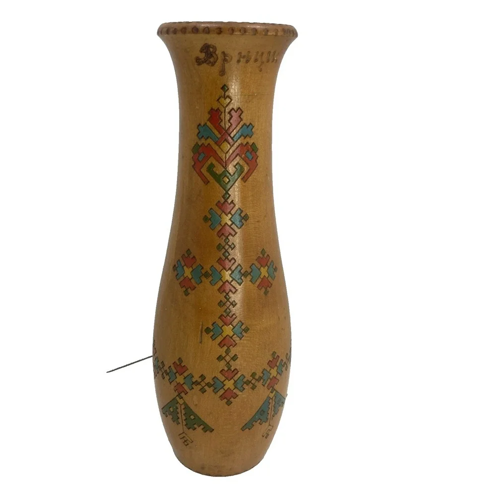 Rare Vintage Macedonian Hand Carved Hand Painted Wooden Vase Signed 9.75 inches